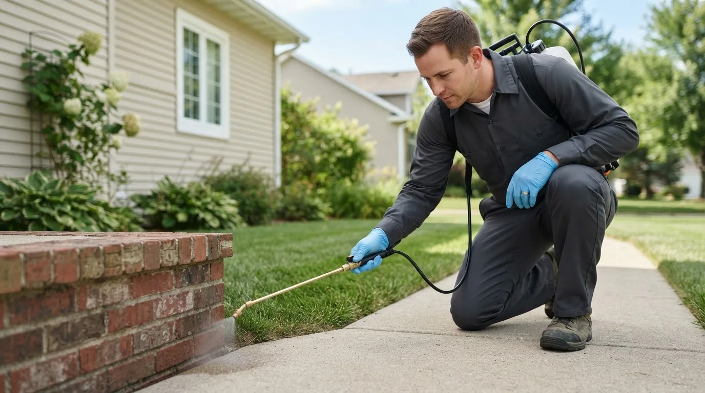 Pest control technician treating a home near Strafford, VT